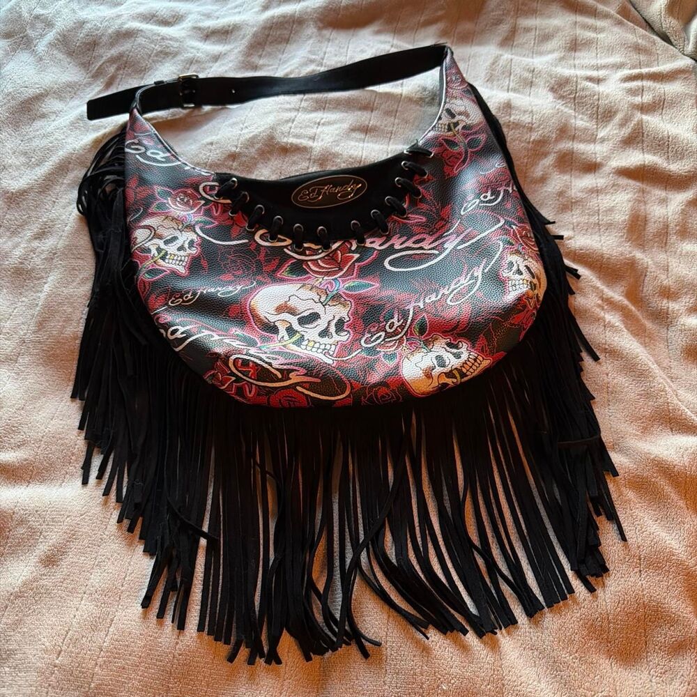 Ed Hardy skull and rose tattoo print fringe hobo shoulder bag